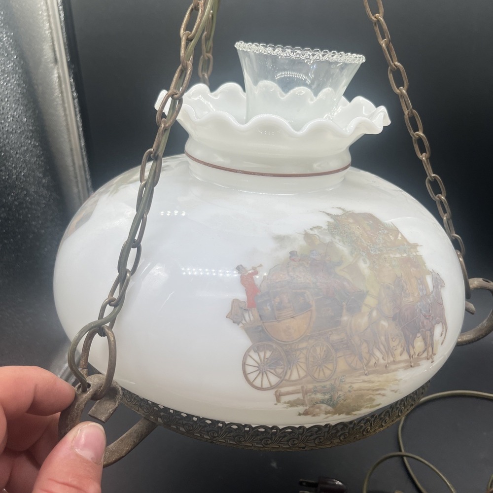 Vtg Aladdin Electric Milk Glass Library Hanging Lamp Chandelier 10" Stagecoach - Picture 15 of 16